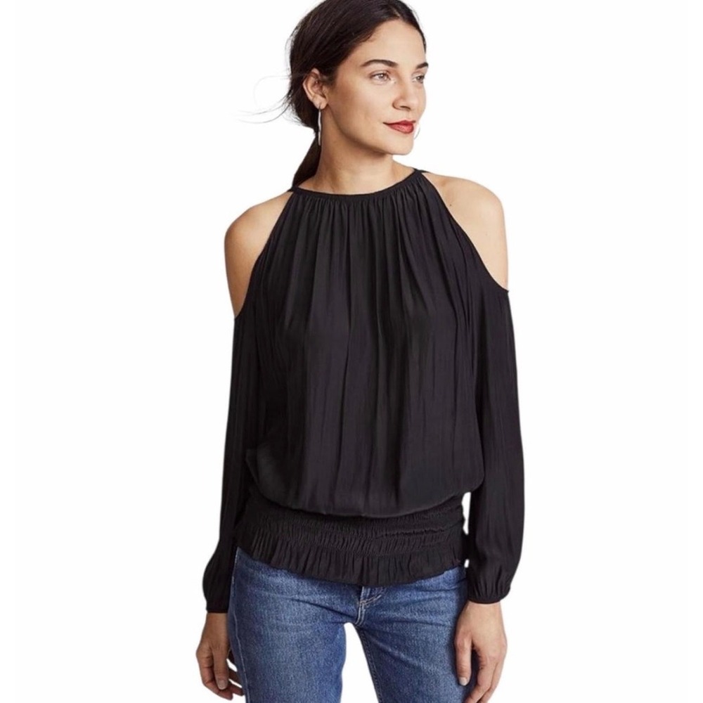 Ramy Brook Lauren Cold Shoulder Smocked Waist Blouse Womens XS Black Whimsigoth